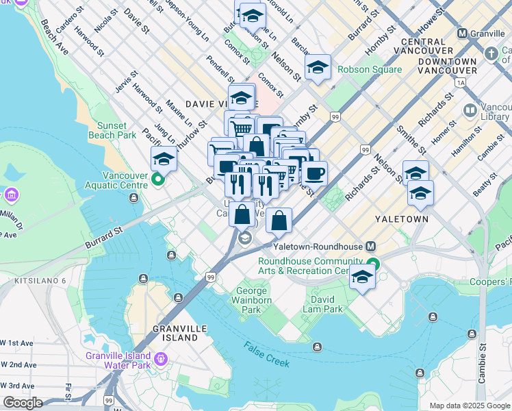 map of restaurants, bars, coffee shops, grocery stores, and more near 1351 Continental Street in Vancouver