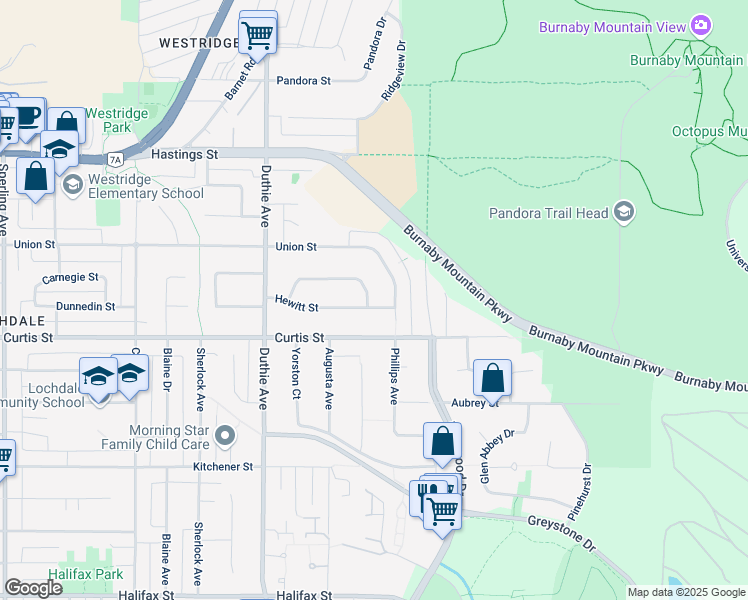 map of restaurants, bars, coffee shops, grocery stores, and more near 7347 Queenston Court in Burnaby