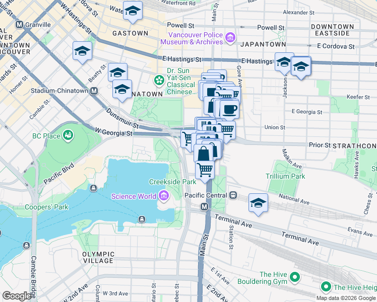 map of restaurants, bars, coffee shops, grocery stores, and more near 125 Milross Avenue in Vancouver
