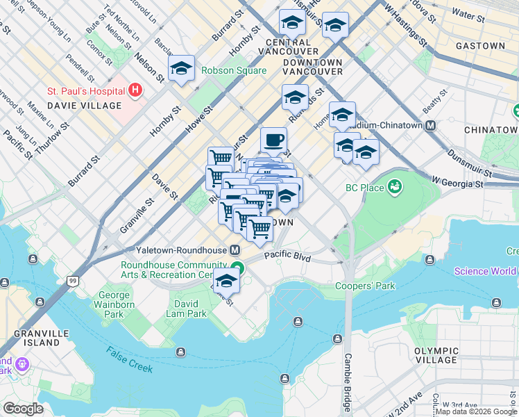 map of restaurants, bars, coffee shops, grocery stores, and more near 1072 Hamilton Street in Vancouver