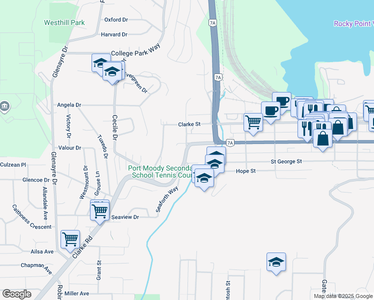 map of restaurants, bars, coffee shops, grocery stores, and more near 1100 Clarke Road in Port Moody