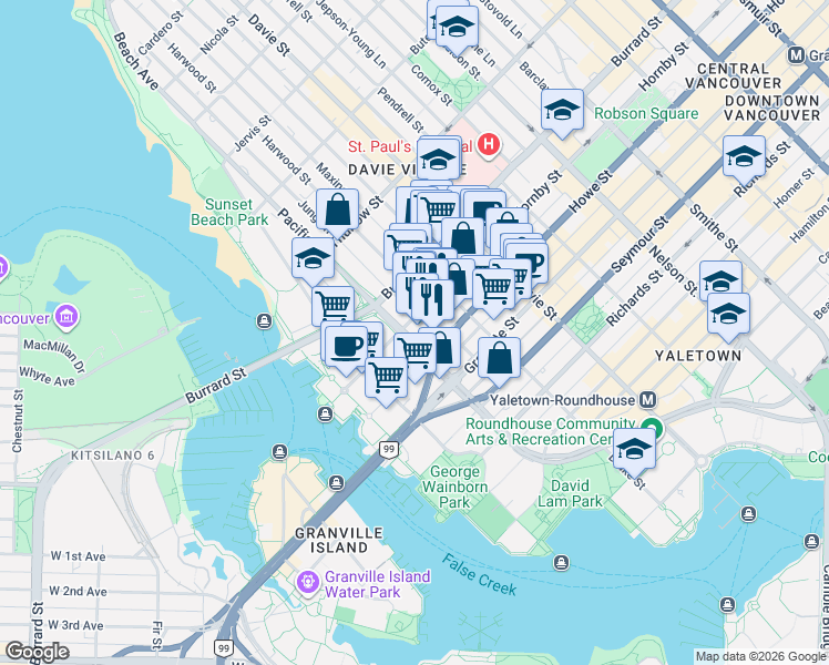 map of restaurants, bars, coffee shops, grocery stores, and more near 889 Pacific Street in Vancouver