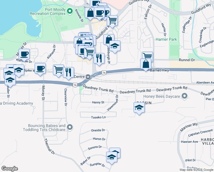 map of restaurants, bars, coffee shops, grocery stores, and more near 3370 Dewdney Trunk Road in Port Moody