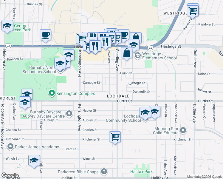 map of restaurants, bars, coffee shops, grocery stores, and more near 920 Grove Avenue in Burnaby