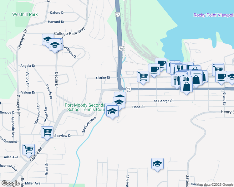 map of restaurants, bars, coffee shops, grocery stores, and more near 2101 Saint Johns Street in Port Moody