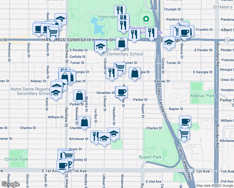 map of restaurants, bars, coffee shops, grocery stores, and more near in Vancouver