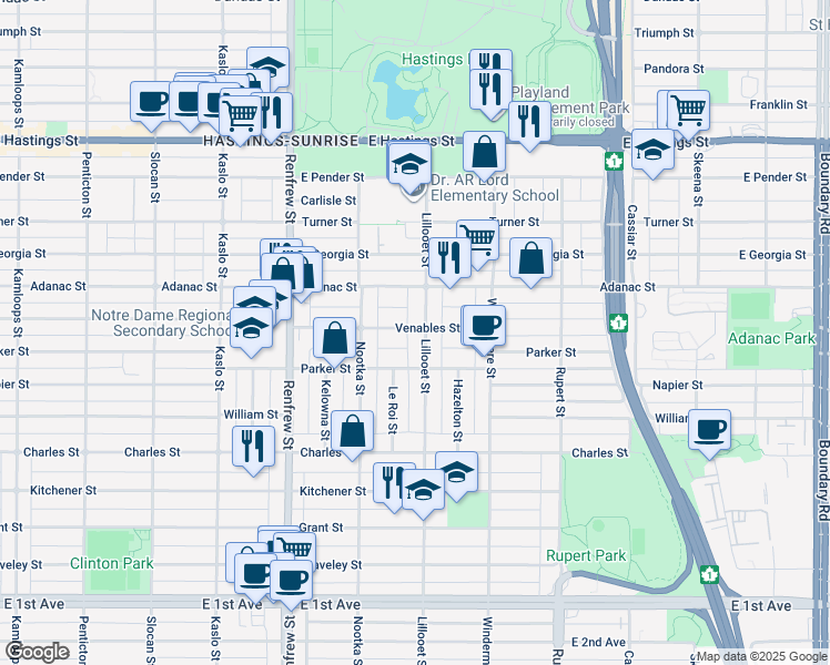 map of restaurants, bars, coffee shops, grocery stores, and more near in Vancouver