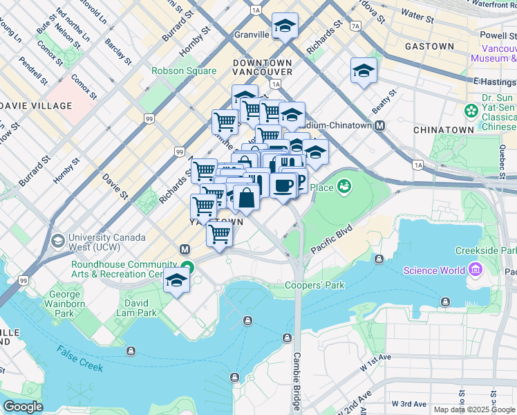 map of restaurants, bars, coffee shops, grocery stores, and more near in Vancouver
