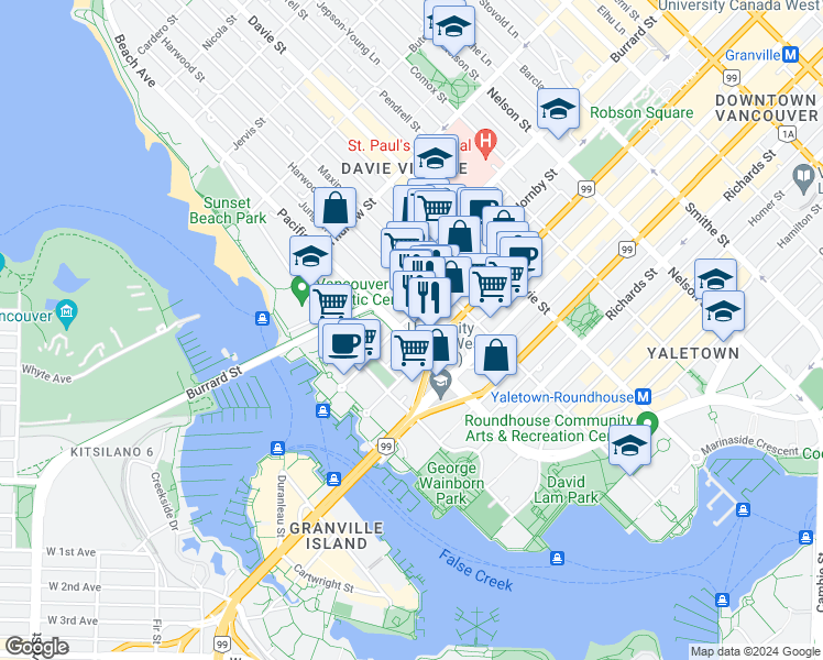 map of restaurants, bars, coffee shops, grocery stores, and more near in Vancouver