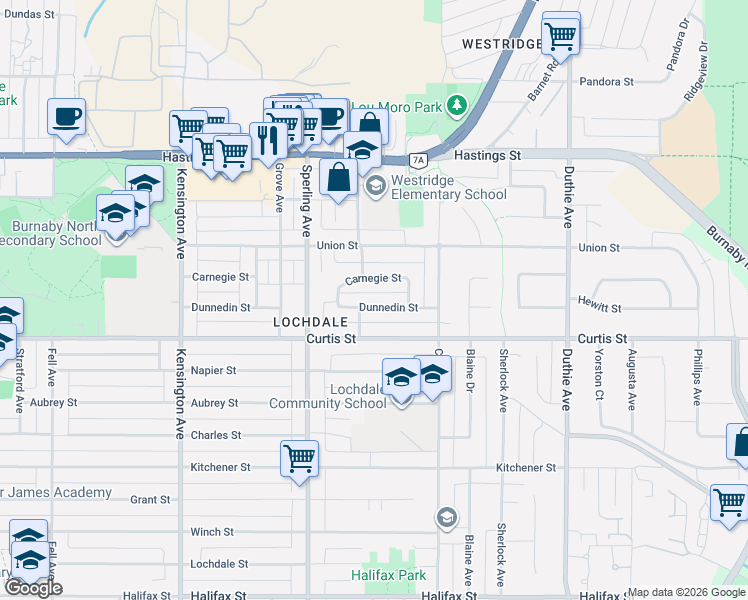 map of restaurants, bars, coffee shops, grocery stores, and more near 6833 Dunnedin Street in Burnaby