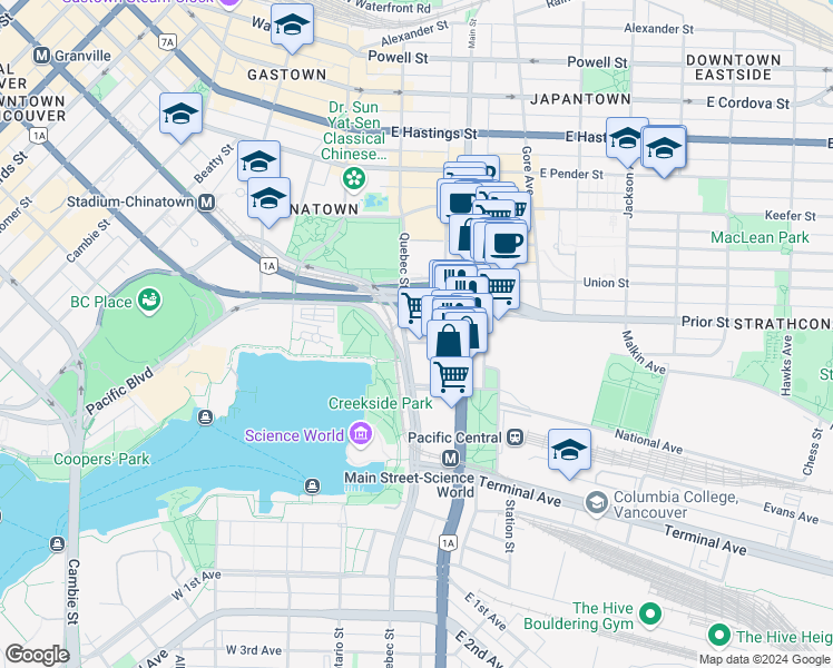 map of restaurants, bars, coffee shops, grocery stores, and more near in Vancouver