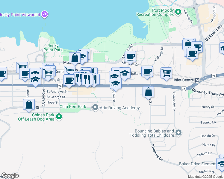 map of restaurants, bars, coffee shops, grocery stores, and more near 3113 Saint Johns Street in Port Moody