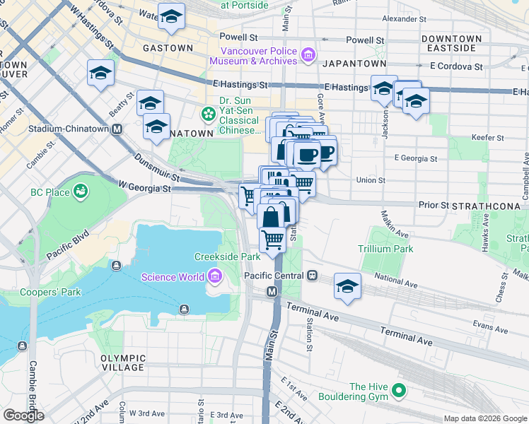 map of restaurants, bars, coffee shops, grocery stores, and more near 125 Milross Avenue in Vancouver