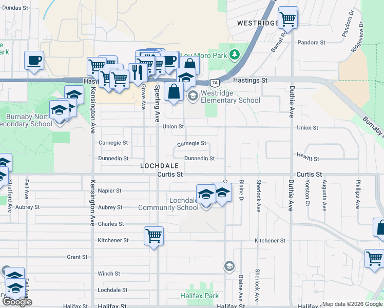 map of restaurants, bars, coffee shops, grocery stores, and more near 6871 Dunnedin Street in Burnaby