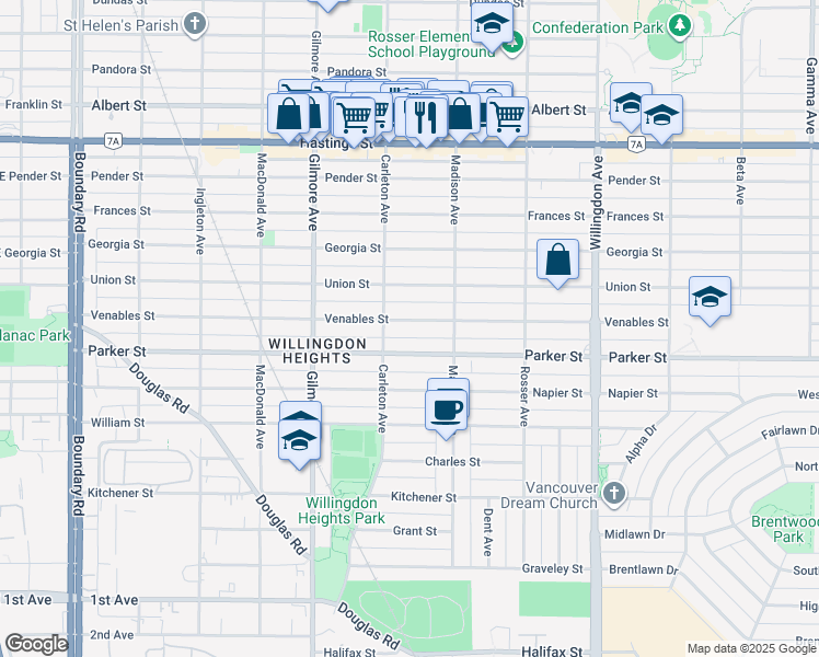 map of restaurants, bars, coffee shops, grocery stores, and more near 4236 Venables Street in Burnaby