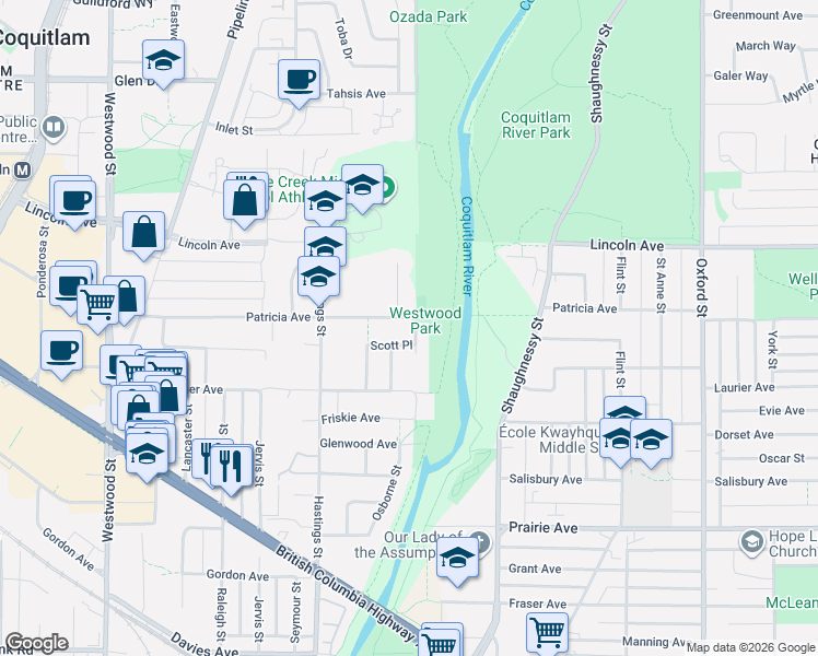 map of restaurants, bars, coffee shops, grocery stores, and more near 2382 Patricia Avenue in Port Coquitlam