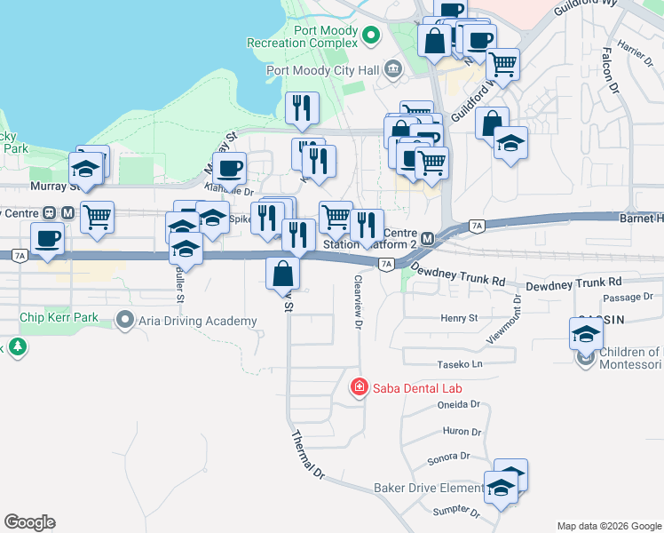 map of restaurants, bars, coffee shops, grocery stores, and more near 3229 Saint Johns Street in Port Moody