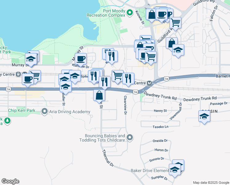 map of restaurants, bars, coffee shops, grocery stores, and more near 3215 Saint Johns Street in Port Moody