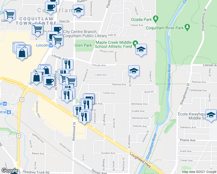 map of restaurants, bars, coffee shops, grocery stores, and more near 2580 Patricia Avenue in Port Coquitlam
