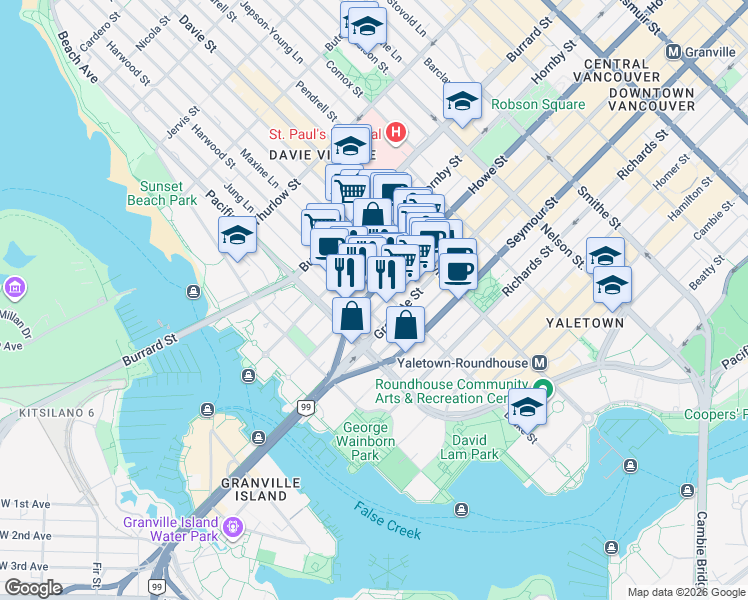 map of restaurants, bars, coffee shops, grocery stores, and more near 1351 Continental Street in Vancouver