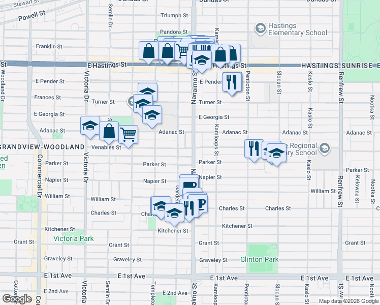 map of restaurants, bars, coffee shops, grocery stores, and more near 925 Nanaimo Street in Vancouver