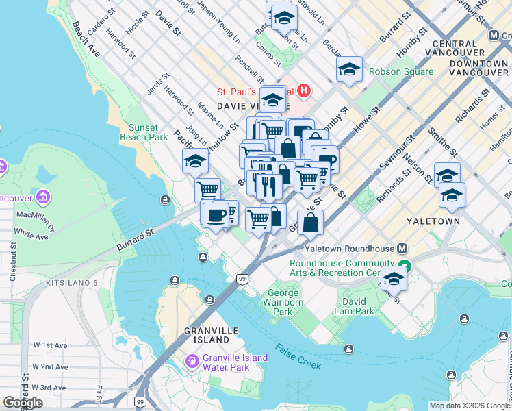 map of restaurants, bars, coffee shops, grocery stores, and more near 889 Pacific Street in Vancouver