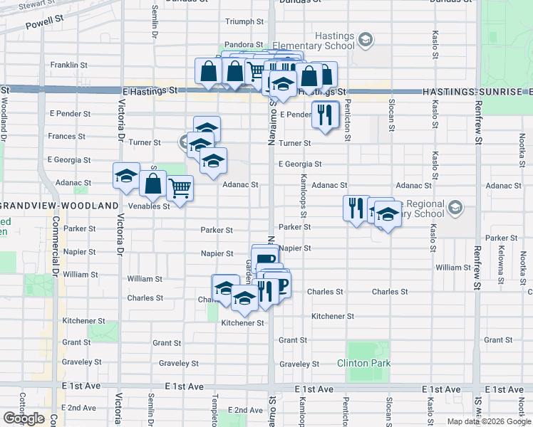 map of restaurants, bars, coffee shops, grocery stores, and more near 925 Nanaimo Street in Vancouver