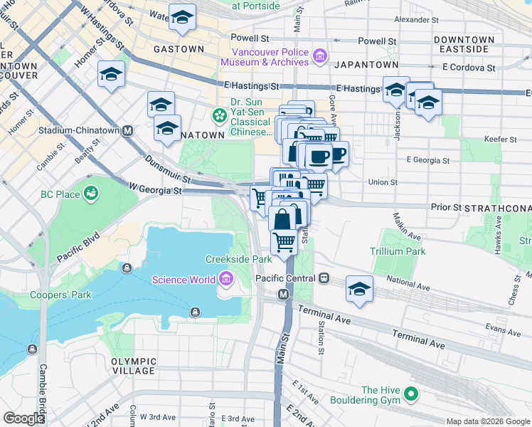 map of restaurants, bars, coffee shops, grocery stores, and more near in Vancouver
