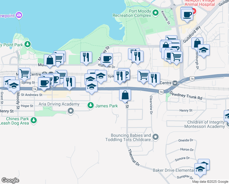 map of restaurants, bars, coffee shops, grocery stores, and more near 3121 Saint Johns Street in Port Moody