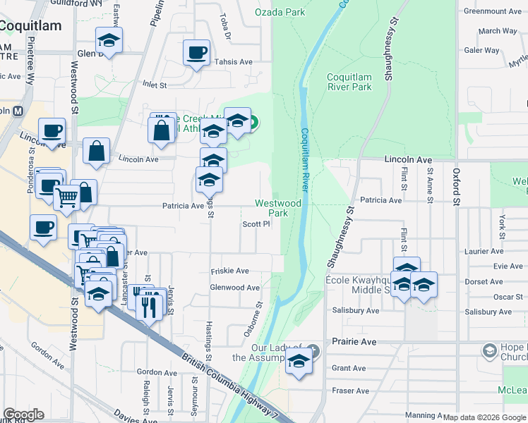 map of restaurants, bars, coffee shops, grocery stores, and more near 2388 Patricia Avenue in Port Coquitlam