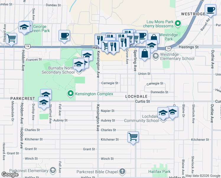 map of restaurants, bars, coffee shops, grocery stores, and more near 6549 Dunnedin Street in Burnaby