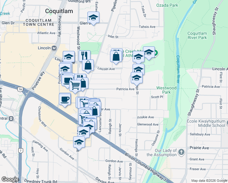 map of restaurants, bars, coffee shops, grocery stores, and more near 2580 Patricia Avenue in Port Coquitlam