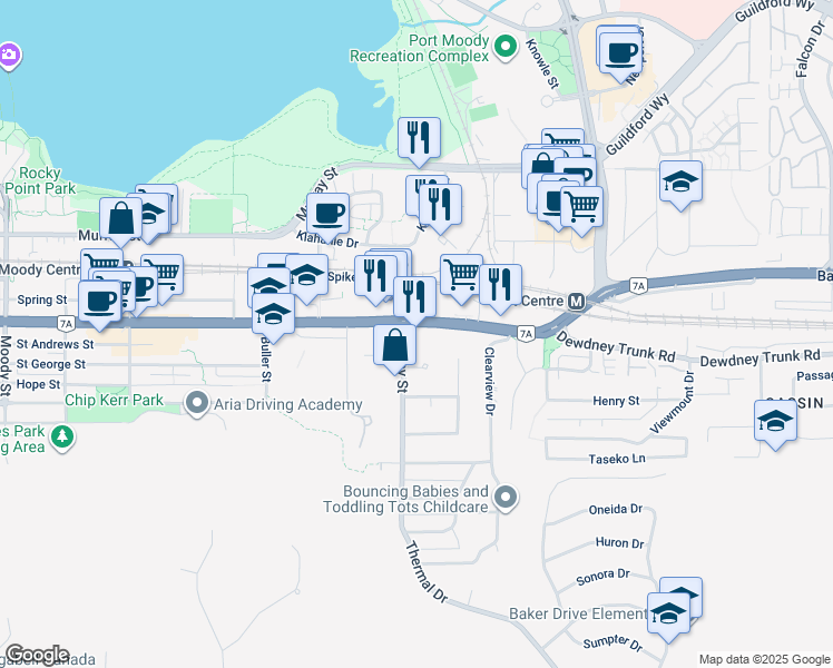map of restaurants, bars, coffee shops, grocery stores, and more near 3215 Saint Johns Street in Port Moody