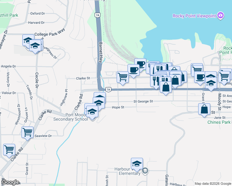 map of restaurants, bars, coffee shops, grocery stores, and more near 2131 Saint Johns Street in Port Moody