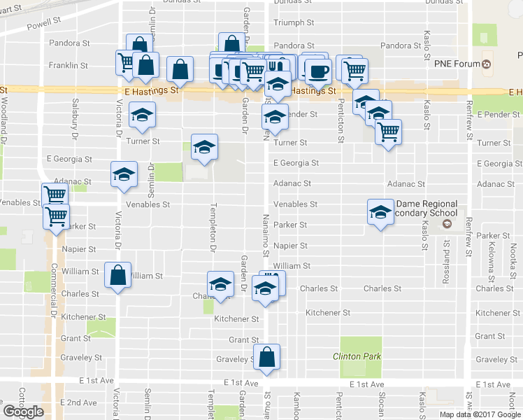 map of restaurants, bars, coffee shops, grocery stores, and more near 925 Nanaimo Street in Vancouver