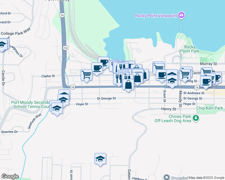 map of restaurants, bars, coffee shops, grocery stores, and more near in Port Moody
