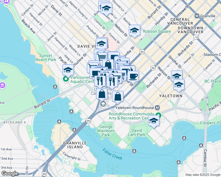 map of restaurants, bars, coffee shops, grocery stores, and more near 1311 Continental Street in Vancouver