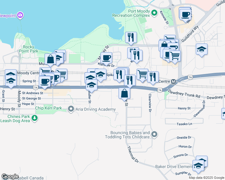 map of restaurants, bars, coffee shops, grocery stores, and more near 3121 Saint Johns Street in Port Moody
