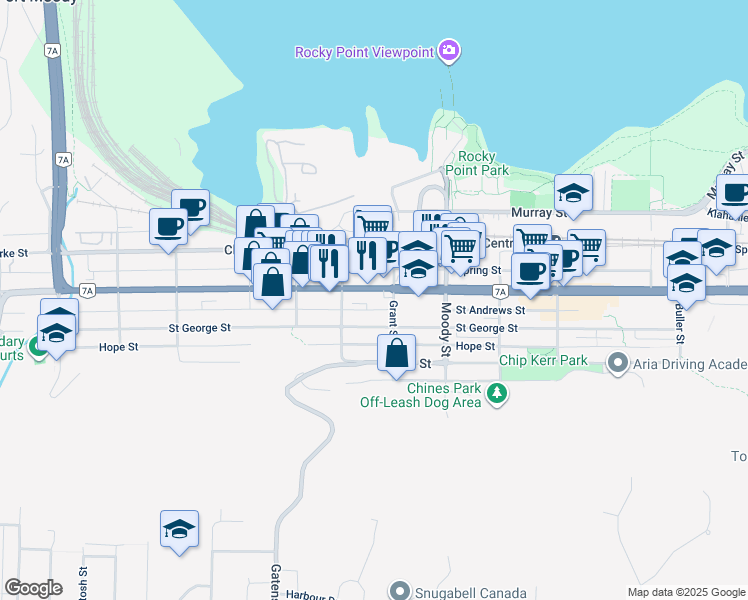 map of restaurants, bars, coffee shops, grocery stores, and more near 2621 Saint Johns Street in Port Moody