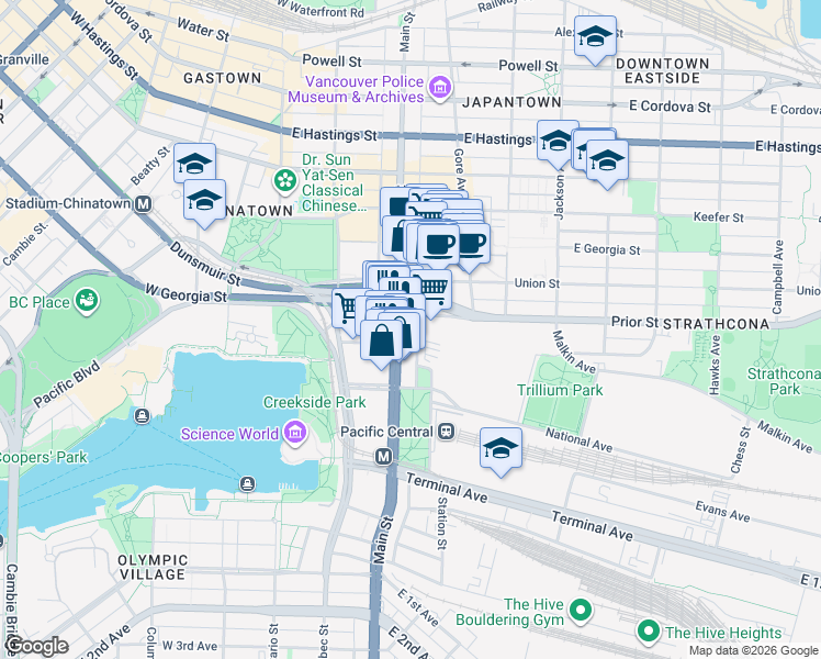 map of restaurants, bars, coffee shops, grocery stores, and more near in Vancouver