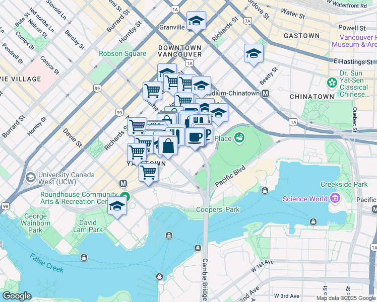 map of restaurants, bars, coffee shops, grocery stores, and more near in Vancouver