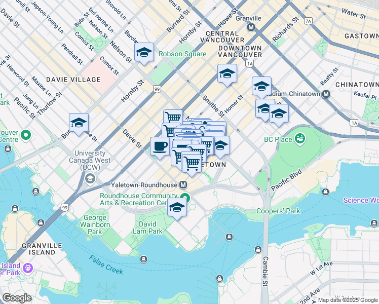 map of restaurants, bars, coffee shops, grocery stores, and more near 1090 Homer Street in Vancouver