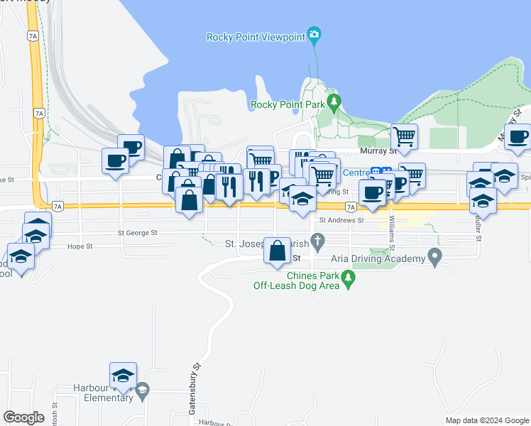 map of restaurants, bars, coffee shops, grocery stores, and more near 2621 Saint Johns Street in Port Moody