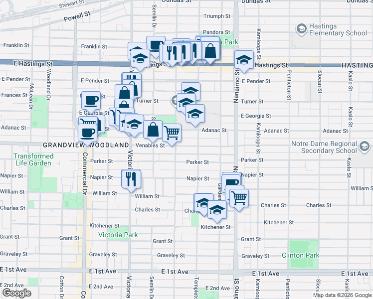 map of restaurants, bars, coffee shops, grocery stores, and more near 2138 Venables Street in Vancouver