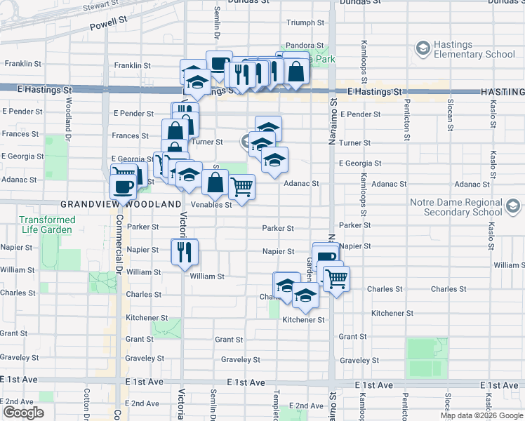 map of restaurants, bars, coffee shops, grocery stores, and more near 2138 Venables Street in Vancouver
