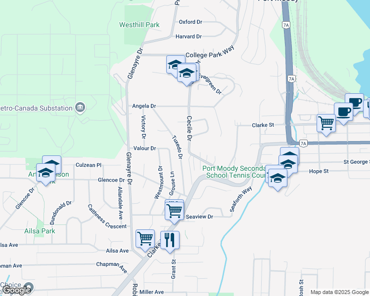 map of restaurants, bars, coffee shops, grocery stores, and more near 1119 Cecile Drive in Port Moody