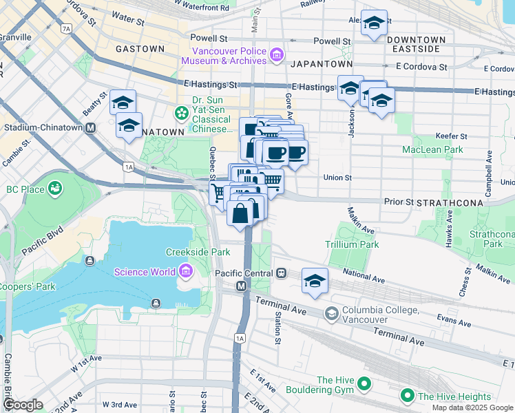map of restaurants, bars, coffee shops, grocery stores, and more near 919 Station Street in Vancouver