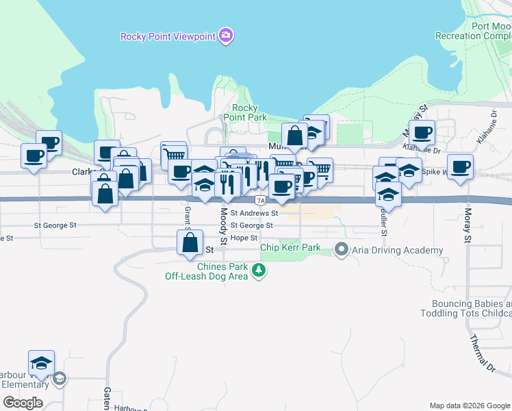 map of restaurants, bars, coffee shops, grocery stores, and more near 2825 Saint Johns Street in Port Moody