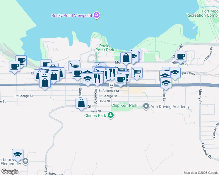 map of restaurants, bars, coffee shops, grocery stores, and more near 2825 Saint Johns Street in Port Moody
