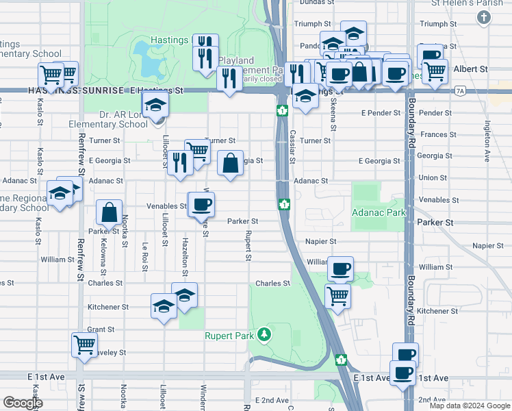 map of restaurants, bars, coffee shops, grocery stores, and more near 3310 Venables Street in Vancouver